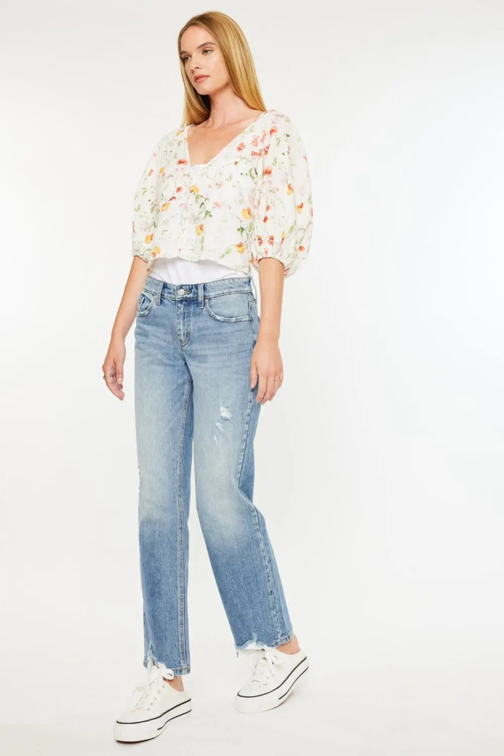 Kancan Mid Rise Frayed Hem Straight Jeans Trendsi