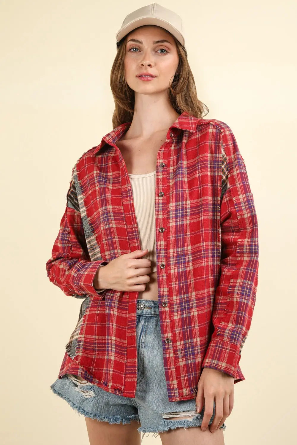 VERY J Contrast Plaid Raw Detail Shirt Trendsi