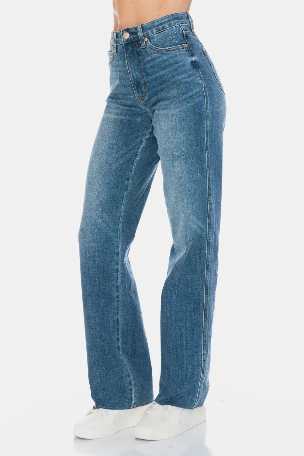 Judy Blue Full Size Tummy Control Cut Raw Hem Straight Jeans Trendsi