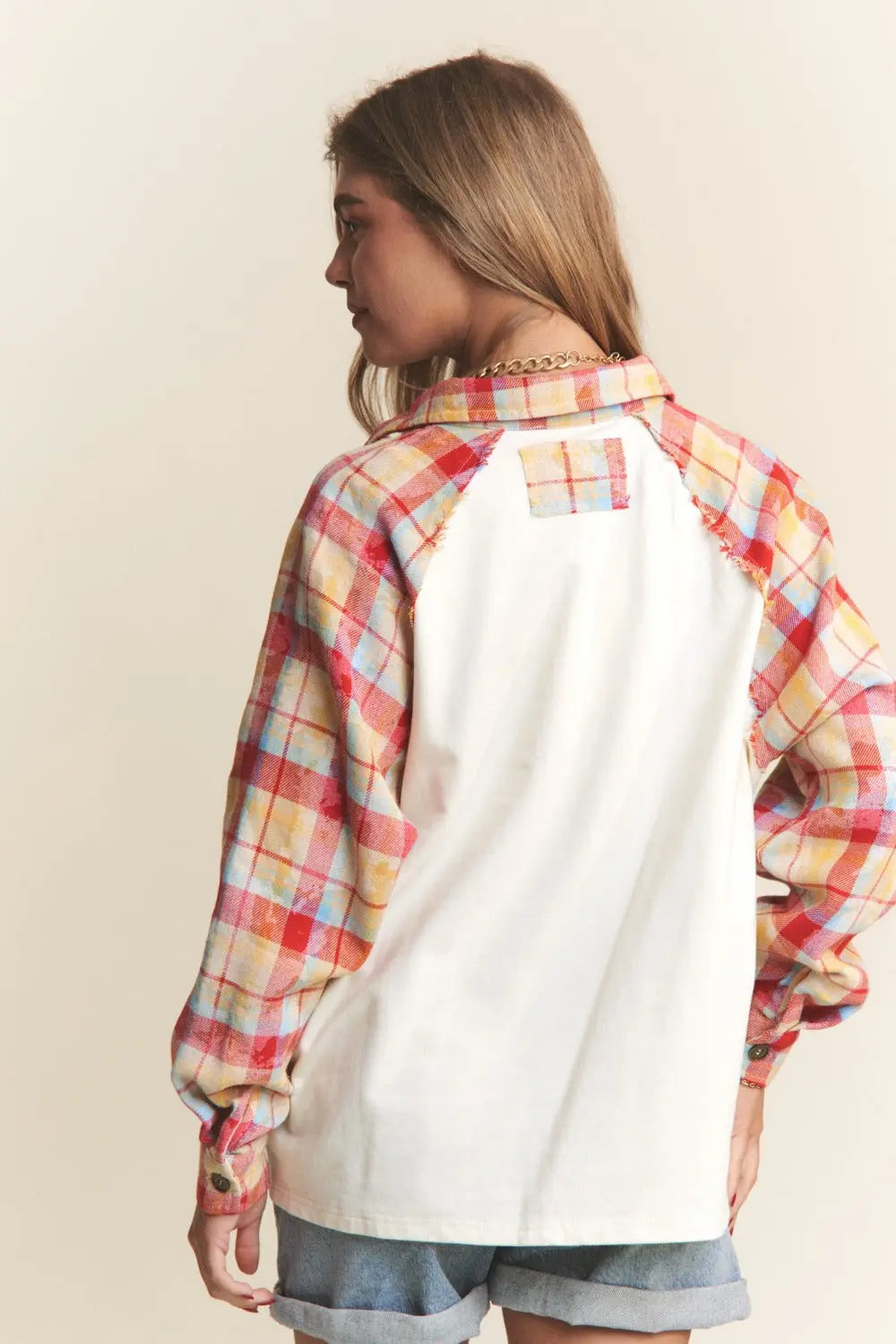 J.NNA Plaid Contrast Button Down Henley Top Trendsi