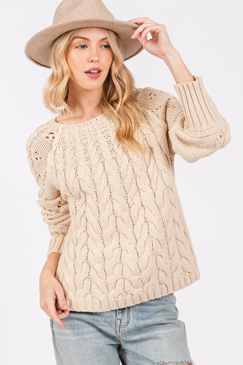 SAGE + FIG Cable-Knit Long Sleeve Sweater Trendsi